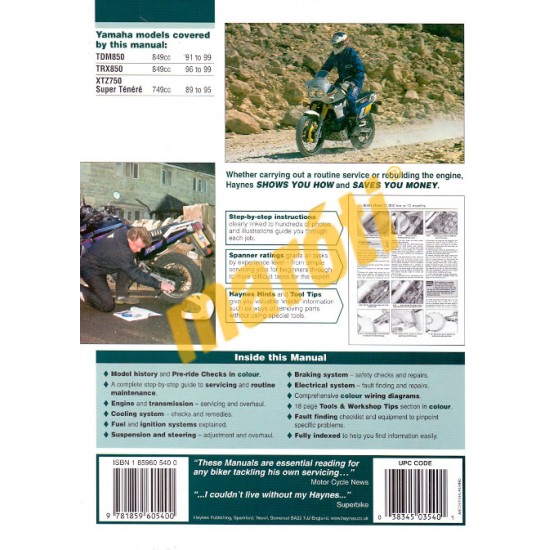 Yamaha TDM850 & TRX850 1991 - 1999, XTZ750 Super Ténéré 1989 - 1995